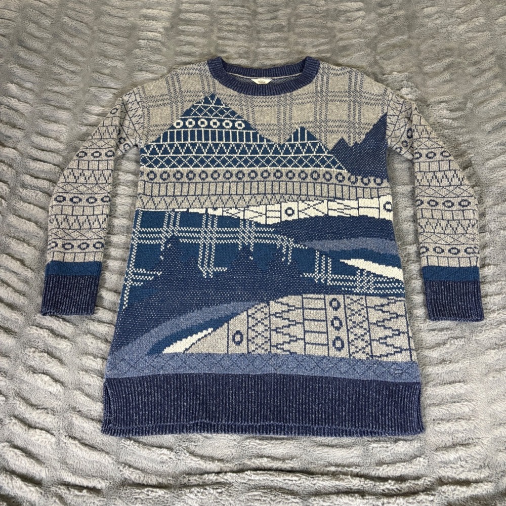 Woolrich Womens XS Blue Lambswool Intarsia Mountain Landscape Sweater 9569 IND